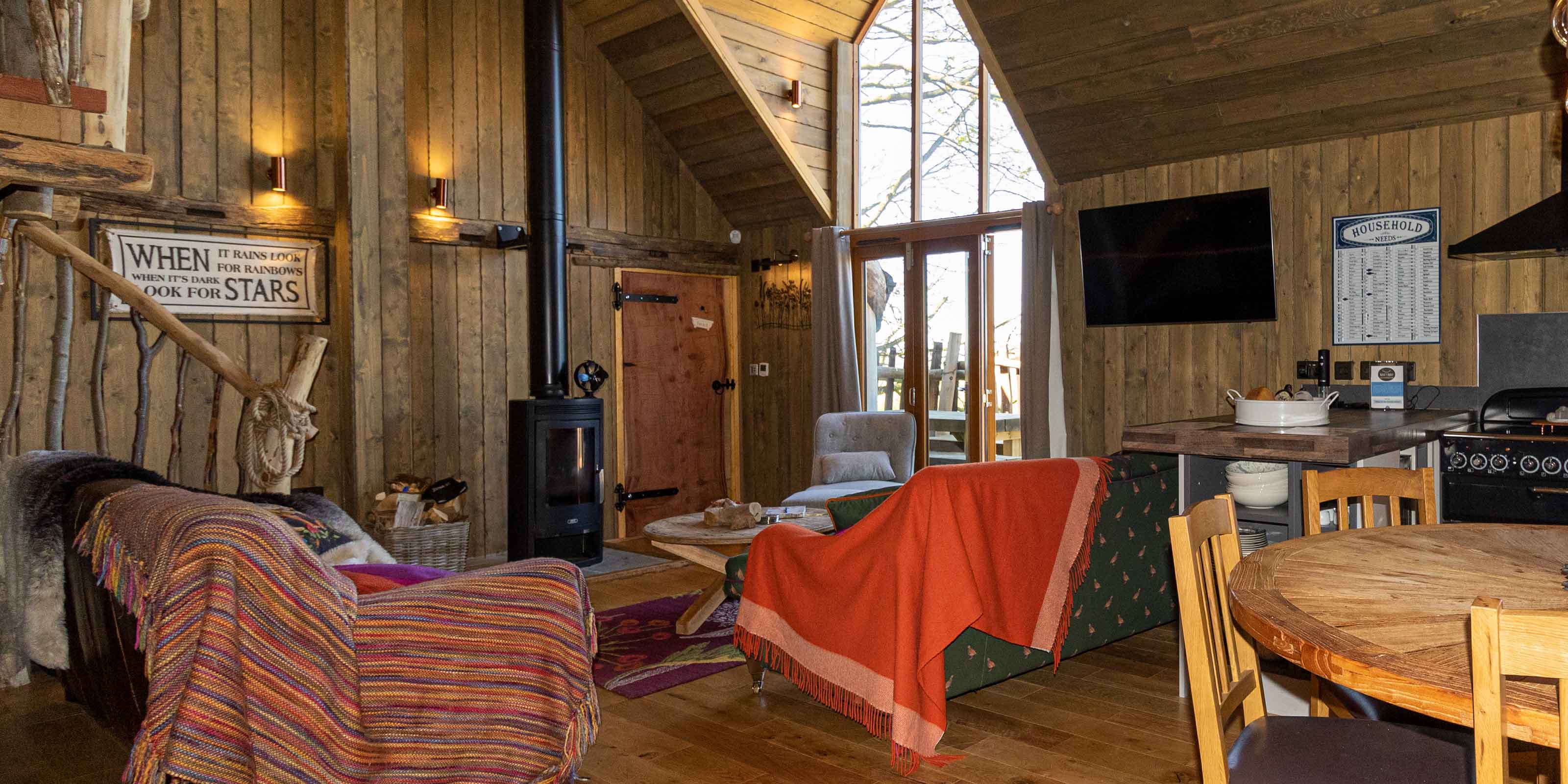 Interior of our luxury tree house holidays & treehouse breaks. Perfect for family holiday Yorkshire & York glamping hot tub. 